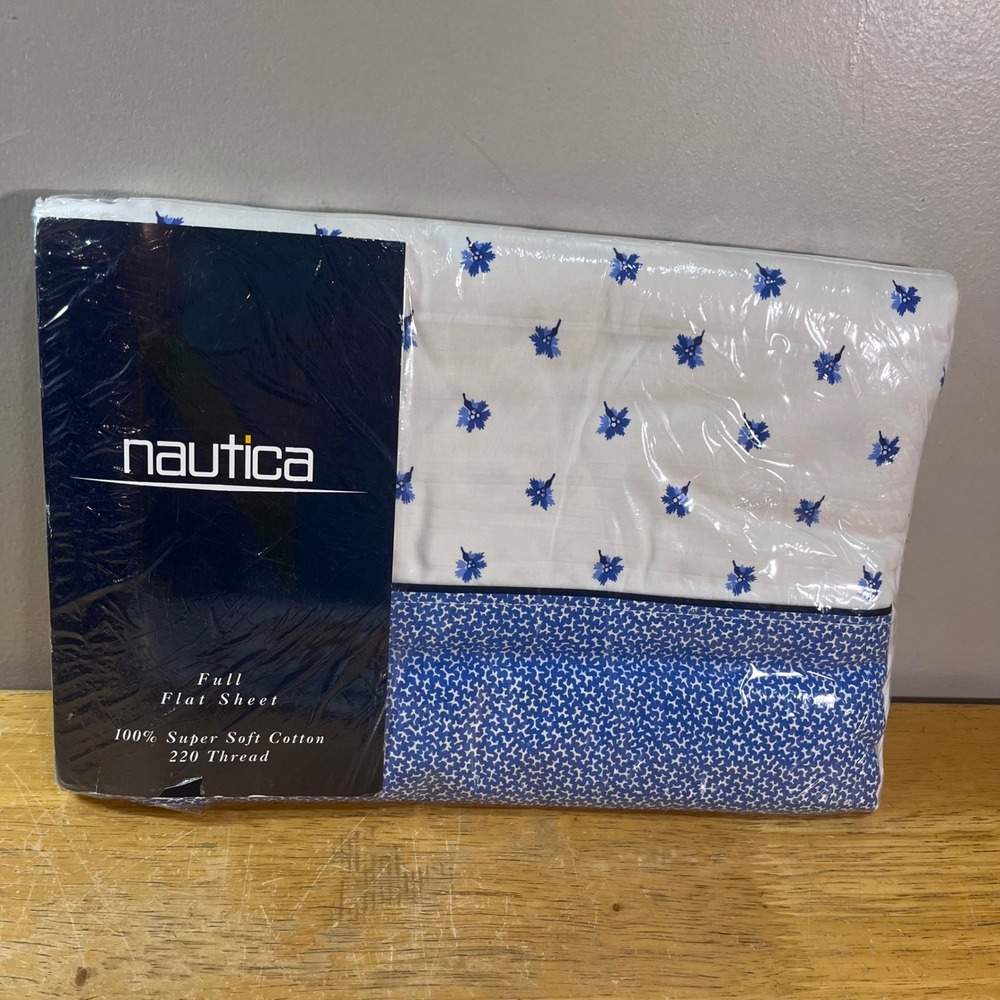Nautica Flat Sheet Full White Blue St. Barts Floral 100% Cotton 220TC Vtg